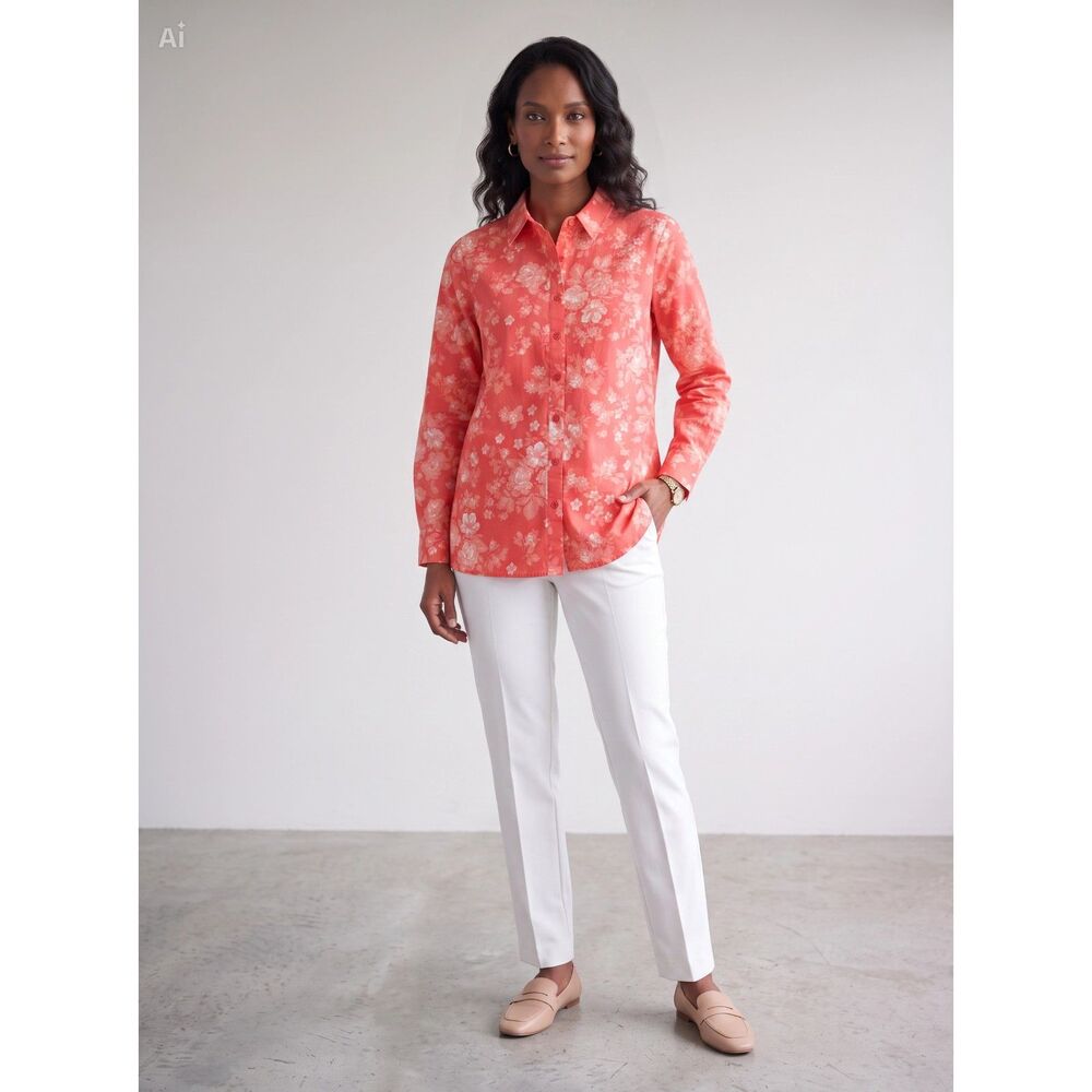 Denim & Company coral floral button up long sleeve shirt size L